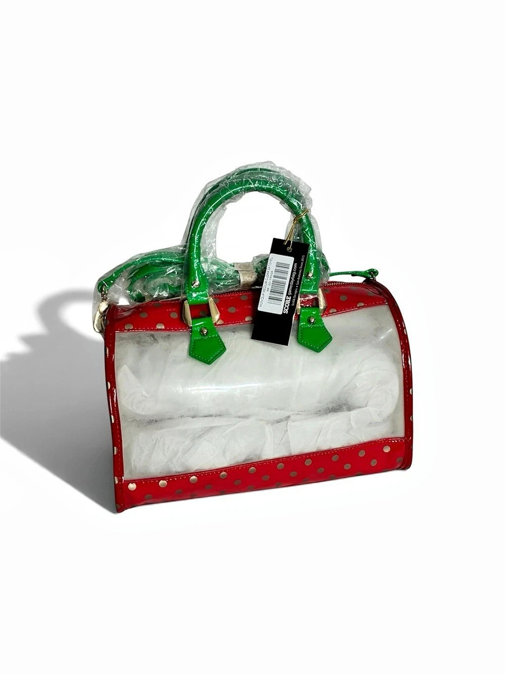 Stadium approved CLEAR bag tags Dustbag charm.red gold polkadot green NOS 2015